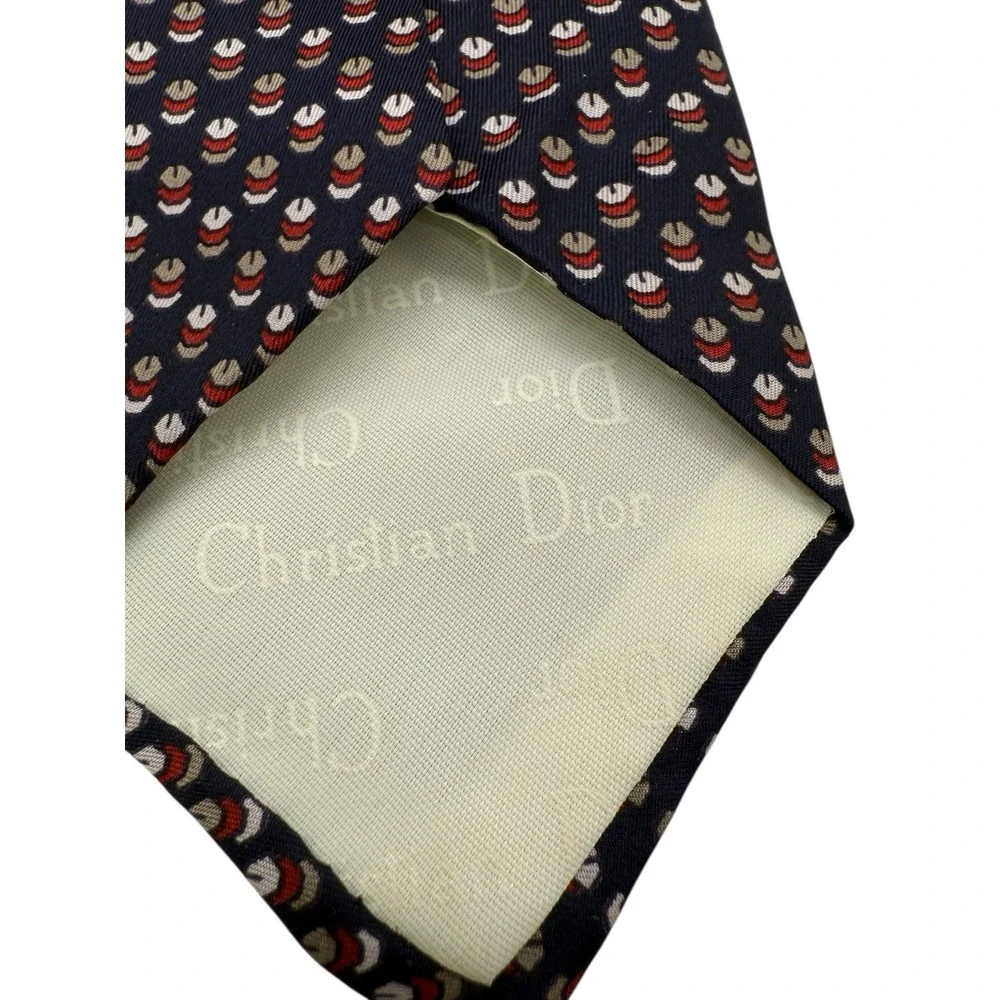 Christian Dior Cravates Silk Necktie Navy‎ Blue Red White Tan Geometric Pattern